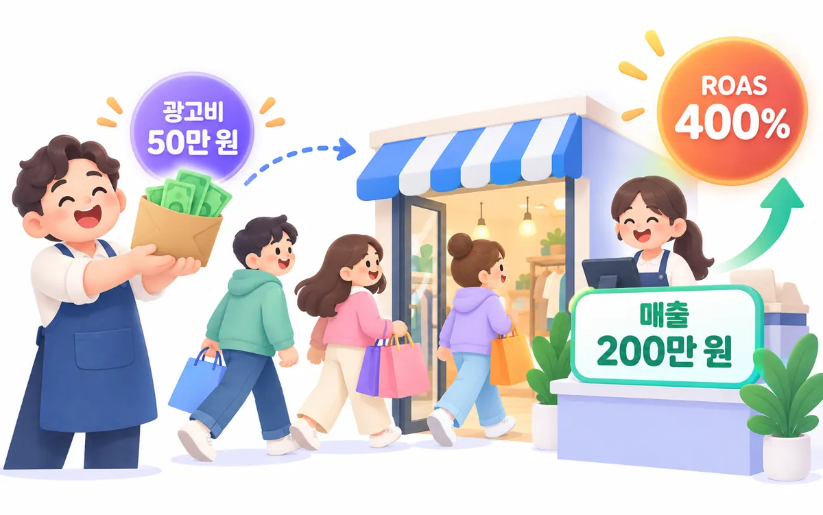 ROAS 계산 예시, 광고비 50만 원에 매출 200만 원이면 400%